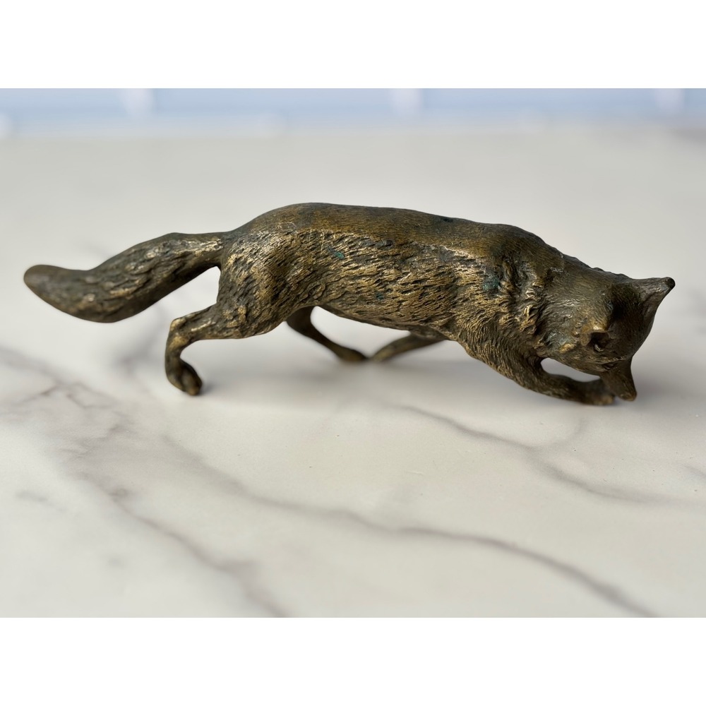 Vintage Brass Fox Figurine Prowling Hunting Animal Statue 6 Inch Patina - Picture 4 of 10